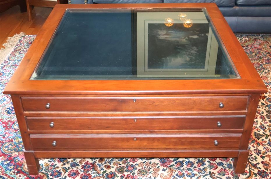 Bob Timberlake by Lexington Furniture Industries Cherry Glass Top Display Table - Square Coffee / Cocktail Table with Beveled Glass Top - Felt Lined Display Drawer Over 2 Drawers - All Dovetailed -...