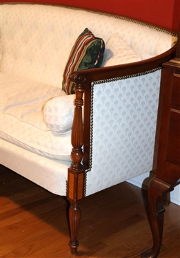 Beautiful Classical Style Inlaid Sofa By Cocheo Furniture Company - Inlaid Mahogany Frame - Off- White Upholstery with Down Cushion and Button Tufted Back - Nail head Trim - Sofa is 77 1/2 Long...