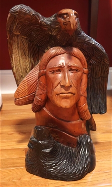 Awesome Carved Native American Indian with Bear and Eagle - Hand Carved From Single Piece of Wood - 18 1/2 Tall 