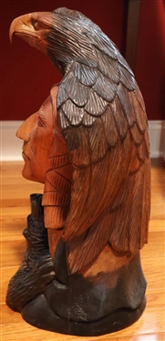 Awesome Carved Native American Indian with Bear and Eagle - Hand Carved From Single Piece of Wood - 18 1/2 Tall 