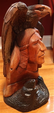 Awesome Carved Native American Indian with Bear and Eagle - Hand Carved From Single Piece of Wood - 18 1/2 Tall 