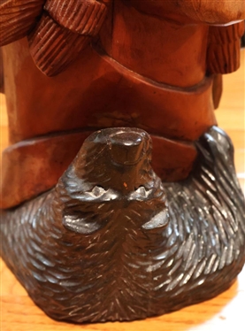 Awesome Carved Native American Indian with Bear and Eagle - Hand Carved From Single Piece of Wood - 18 1/2 Tall 