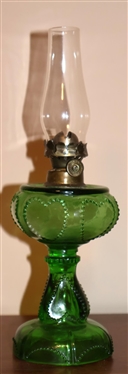 Miniature Green Oil Lamp EAPG Heart Pattern - Paneled Font and Base  - Lamp is 4 3/4 Tall to Burner 