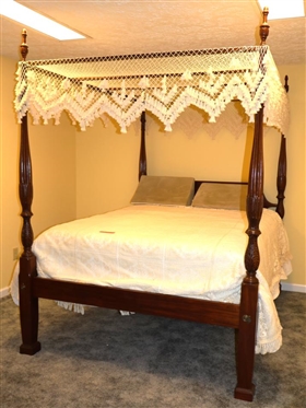 Craftique Mahogany Carved Poster Bed Queen Size - Ornately Carved Posts, Wood Rails, With Canopy  - Hand Made Crotched Canopy with Tassels -  NO BEDDING 