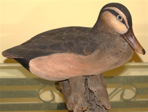 Hand Carved and Hand Painted Wood Duck Decoy - Highly Detailed on Driftwood Base - Signed P.W.P. '84 - Duck Only is 5T all 12 Beak to Tail 