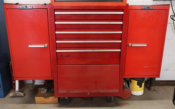 MAC Tools  Tool Chest - 5 Drawers 2/ Cabinets at Bottom Plus 2 Cabinets on Ends - Right Cabinet Has 6 Drawers Center Chest is 40 Tall 27 by 18 1/2  End Cabinets are 28 Tall 15 By 17 - NO...