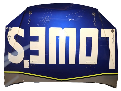 Authentic Race Driven NASCAR Hood Autographed by LOWES 48 Driver Jimmie Johnson and Crew Chief Chad Kanus