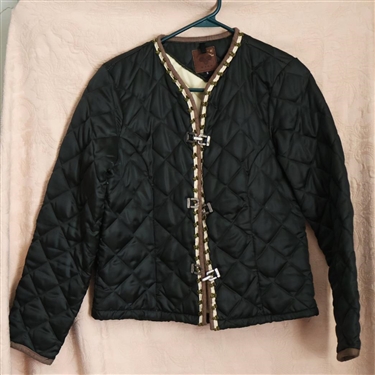 Vintage Wolly Bully Wear Quilted Jacket Size Small -  Hunter Green Satin with Tan Lining - Suede Trim - Buckle Hardware