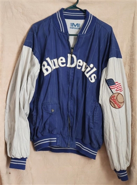 Vintage Mirage Duke Blue Devils Varsity Jacket - Reversible  - As Shown Blue Strip with Embordered Felt Duke and Patches - Flag and Baseball - Reverses to DUKE Logo - Some Staining on Interior