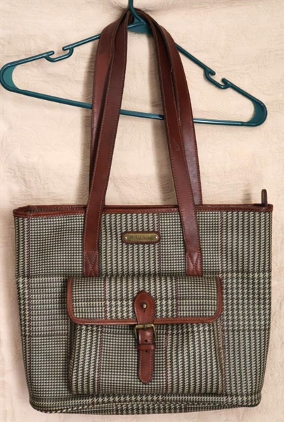 Polo Ralph Lauren  Glen Plaid Tote / Purse with Exterior Pocket - Brown Leather Straps 12" Tall 14"  Wide 