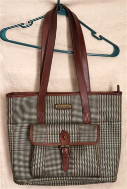 Polo Ralph Lauren  Glen Plaid Tote / Purse with Exterior Pocket - Brown Leather Straps 12" Tall 14"  Wide 