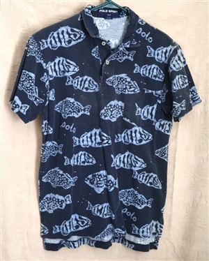 Polo Sport by Ralph Lauren Navy Blue Polo / Rugby Shirt with Fish Design - Size Small 