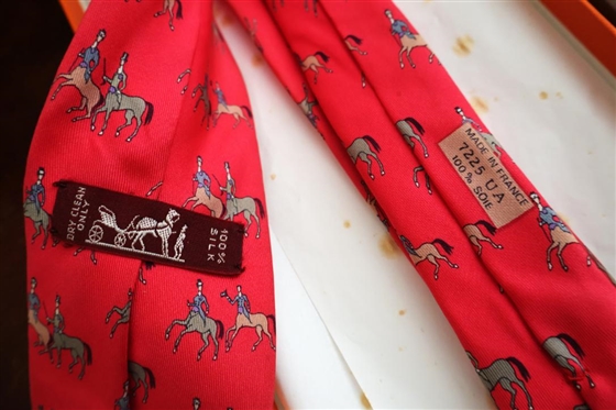 Hermes Silk Equestrian Pattern Tie - Pink Background with Original Hermes Orange Box 