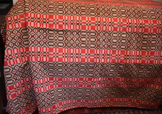 Exceptional 19th Century Hand Loomed 3 Piece Coverlet - Red, White, and Brown - 85 By 111 