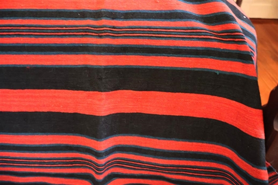 Handsome 3 Piece Handwoven Coverlet  - Black, Blue / Green, and Red - - 87 by 99 - Few Minor Holes and Tear / Fraying Near Top Edge