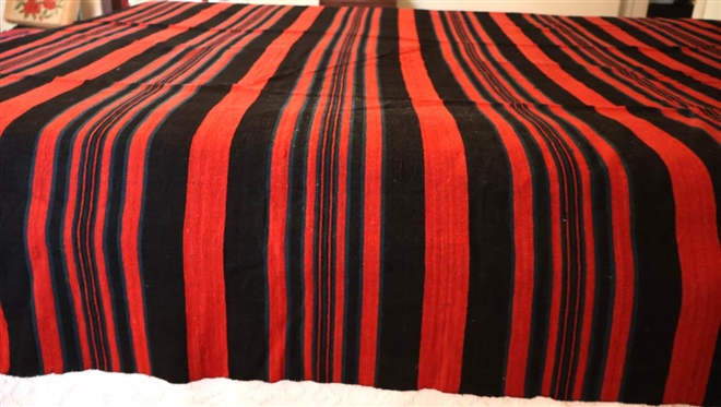 Handsome 3 Piece Handwoven Coverlet  - Black, Blue / Green, and Red - - 87 by 99 - Few Minor Holes and Tear / Fraying Near Top Edge