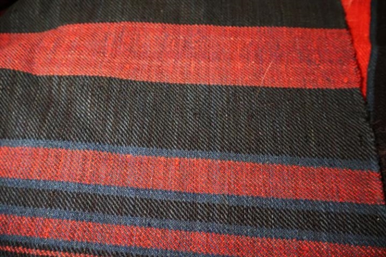 Handsome 3 Piece Handwoven Coverlet  - Black, Blue / Green, and Red - - 87 by 99 - Few Minor Holes and Tear / Fraying Near Top Edge