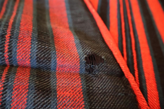 Handsome 3 Piece Handwoven Coverlet  - Black, Blue / Green, and Red - - 87 by 99 - Few Minor Holes and Tear / Fraying Near Top Edge