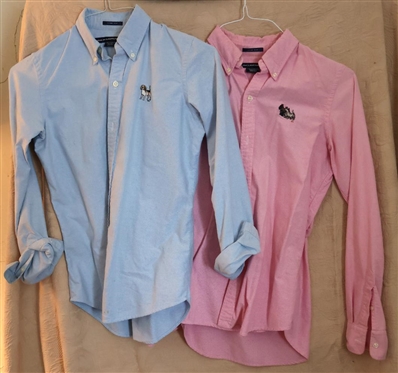 2 Ralph Lauren Sport Button Down Slim Fit Oxford Shirts with Embroidered Dogs - Blue with Beagle Dog Size 4 and Pink Size 6 with Westie and Scottie Dogs 