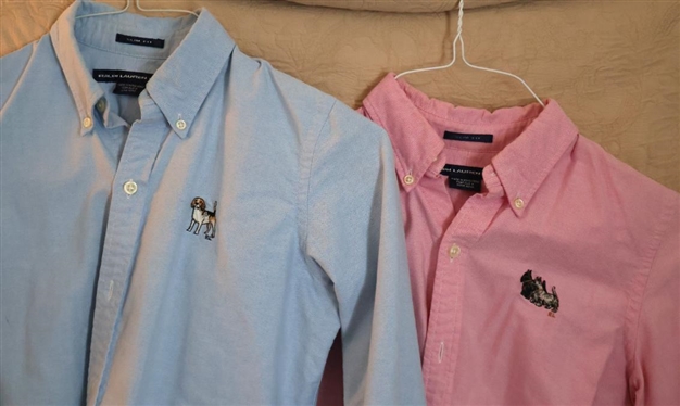 2 Ralph Lauren Sport Button Down Slim Fit Oxford Shirts with Embroidered Dogs - Blue with Beagle Dog Size 4 and Pink Size 6 with Westie and Scottie Dogs 
