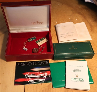 2 Rolex Boxes - Small Green ERBE Box - Montres Roled Switzerland and Red Leather Tapestry Box with 1983 Certificate and Papers