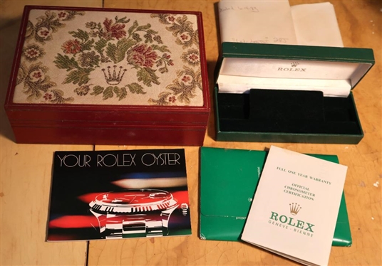 2 Rolex Boxes - Small Green ERBE Box - Montres Roled Switzerland and Red Leather Tapestry Box with 1983 Certificate and Papers