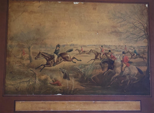 The Brook Fox Hunt Print on Canvas with Leather Wrapped Frame - Frame is 21 1/2 By 28 1/2 - Some Small Areas of Print Loss - See Photos