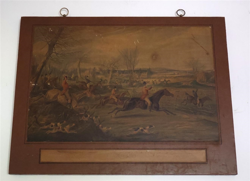 "Away" Fox Hunt Print on Canvas with Leather Wrapped Frame - Frame is 21 1/2" By 28 1/2" - Some Small Areas of Print Loss - See Photos