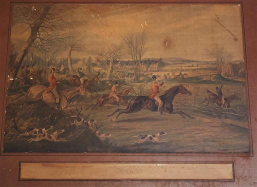 Away Fox Hunt Print on Canvas with Leather Wrapped Frame - Frame is 21 1/2 By 28 1/2 - Some Small Areas of Print Loss - See Photos