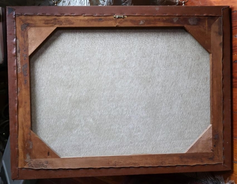 Away Fox Hunt Print on Canvas with Leather Wrapped Frame - Frame is 21 1/2 By 28 1/2 - Some Small Areas of Print Loss - See Photos
