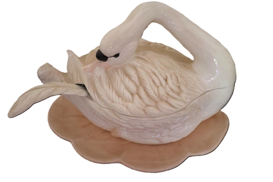 Hand Painted Ceramic Swan Tureen - with Ladle and Underplate - Wedding Gift in 1983 - Swan Measures 16 Long  By 9 Tall 