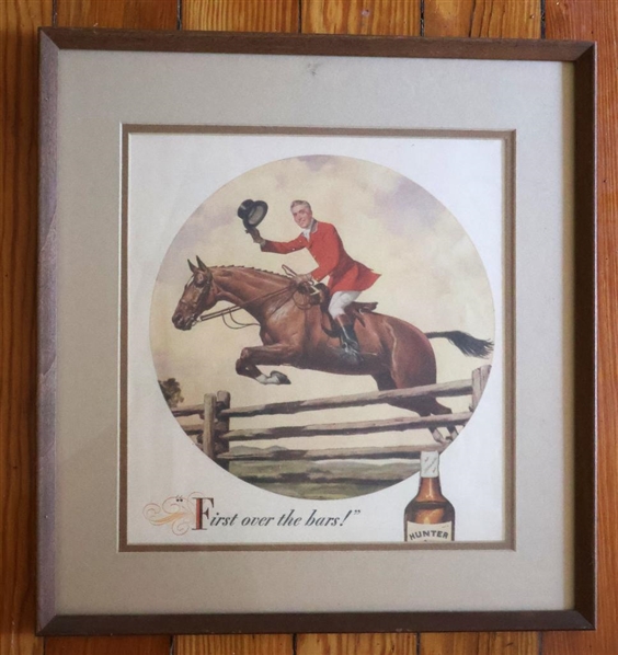 "First over the bars!" Framed Hunter Whiskey Advertisement - Fox Hunting Scene - Attractively Framed and Double Matted - Frame is 16" By 15" 
