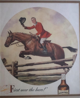 First over the bars! Framed Hunter Whiskey Advertisement - Fox Hunting Scene - Attractively Framed and Double Matted - Frame is 16 By 15 