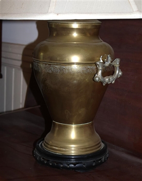 Antique Brass Samovar Lamp with Wood Base - Nice Shade - Lamp is 24 Tall 