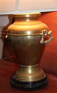Antique Brass Samovar Lamp with Wood Base - Nice Shade - Lamp is 24 Tall 