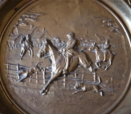 Large Embossed Brass Tray  / Plaque with Equestrian Fox Hunt Scene - Acorn and Oak Leaf Border - Large Tray is 23 Across
