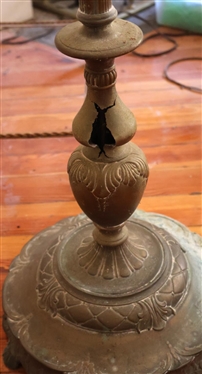 Ornate Brass Floor Lamp - 4 Light with Milk Glass Center Shade - Orange Folate Design on Base and Coordinating Finial - Lamp is 63 Tall - Broken Area Near Base - See Photo 