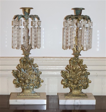 Pair of Antique Brass Flower Basket Girandole Candelabras with Beautiful Cut Prisms with Stars and Flowers - White Marble Bases - 15" Tall