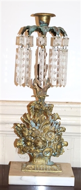 Pair of Antique Brass Flower Basket Girandole Candelabras with Beautiful Cut Prisms with Stars and Flowers - White Marble Bases - 15 Tall