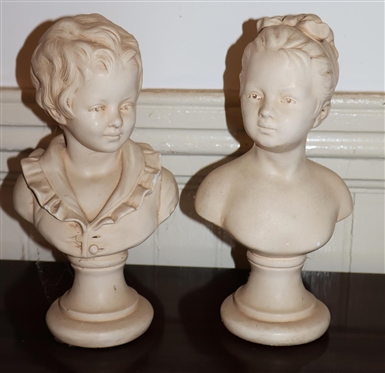 Pair of Alexander Backer Co. Chalkware Busts - Victorian Children - Each is 9 3/4" Tall 