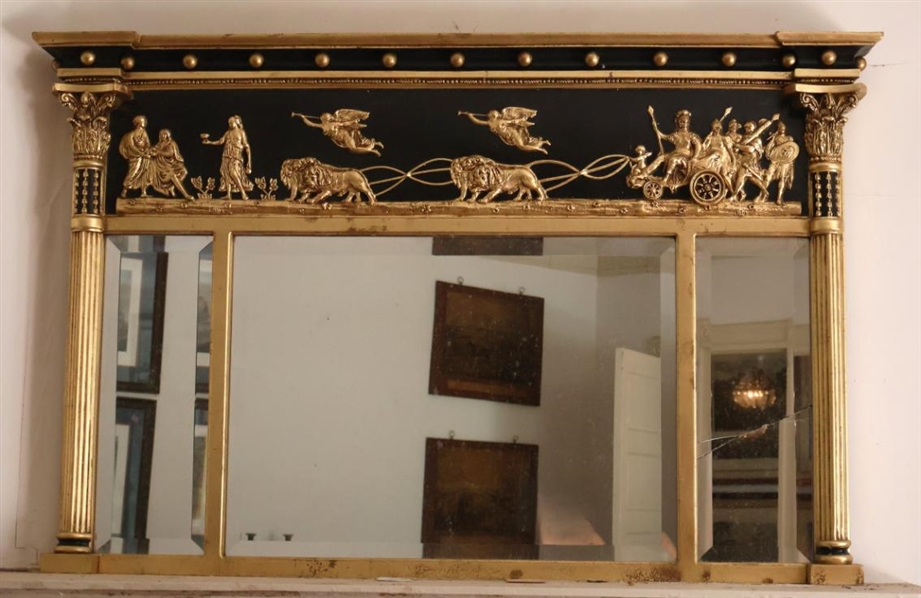 Late 19th Century Regency Style Giltwood and Gesso Over Mantle Mirror - Lion Drawn Chariot with Heralding Angels and Maidens  - Colum Pelsters with Folate Capitals - 3 Beveled Mirrors - Frame is 34...