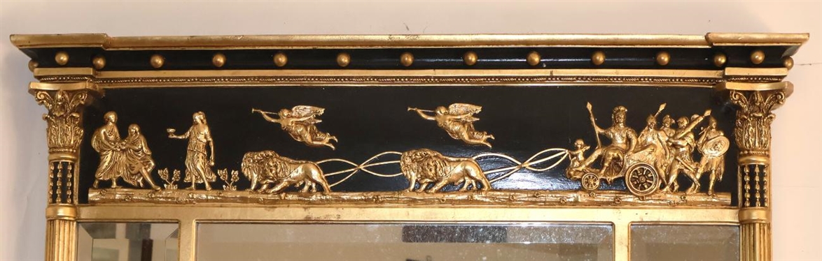 Late 19th Century Regency Style Giltwood and Gesso Over Mantle Mirror - Lion Drawn Chariot with Heralding Angels and Maidens  - Colum Pelsters with Folate Capitals - 3 Beveled Mirrors - Frame is 34...