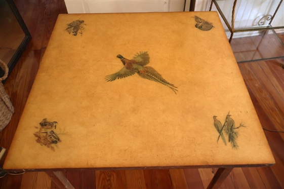 Folding Card Table with Game Birds on Top - Flying Pheasant, Quail, Grouse, and Doves - Signed G.G. - Table is 28 Tall 30 by 30 