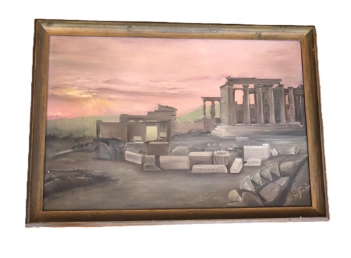 Artist Signed Oil on Canvas Painting of Ancient Roman Ruins - Signed in Lower Right Corner - Framed - Frame is 22 By 32 