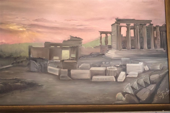 Artist Signed Oil on Canvas Painting of Ancient Roman Ruins - Signed in Lower Right Corner - Framed - Frame is 22 By 32 