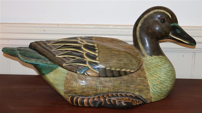 Incredible Hand Painted Large Wood Duck Box - Lacquer Painted with Red Interior - Back Lifts Off - Duck is 12 Tall 24 1/2 Beak to Tail 