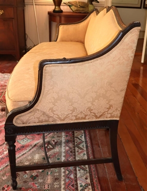 Sheraton Federal Style Wood Framed Sofa - Mahogany Finish with Reeded Legs and Apron - Flower and Folate Accents - Highly Detailed Wood Frame with Shell Crest - Down Filled Seat Cushion - Settee is...