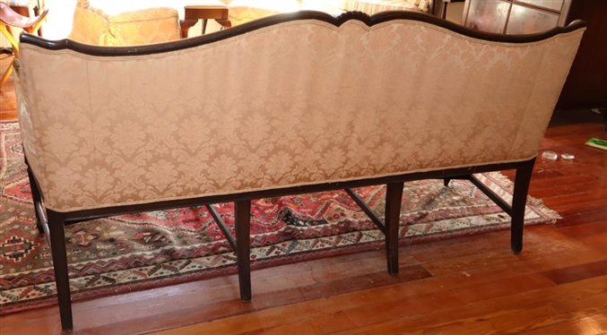 Sheraton Federal Style Wood Framed Sofa - Mahogany Finish with Reeded Legs and Apron - Flower and Folate Accents - Highly Detailed Wood Frame with Shell Crest - Down Filled Seat Cushion - Settee is...