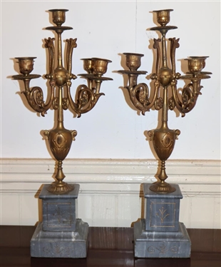 Pair of Beautiful French Brass Candelabras with Stone Bases -5 Lights - Bases Have Flat Backs - 21 Tall 