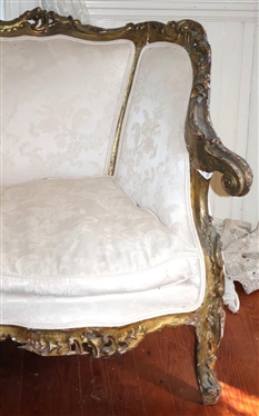 Elaborate Rococo Gold Gilt Sofa with Ornate Gold Gilded Scrolled Frame Off White Brocade Upholstery - Broken Area on Right Front Apron - Sofa is 79 Long 40 Tall